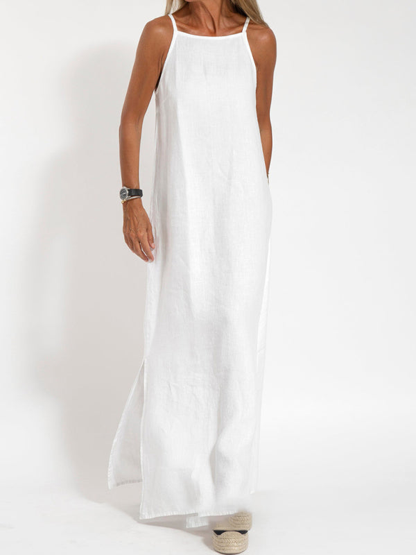 Valenzora | New fashionable casual cotton and linen dress with slit and straps
