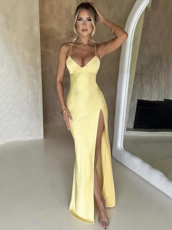 Valenzora | Women's Strappy V-Neck Satin Slit Sexy Backless Long Dress