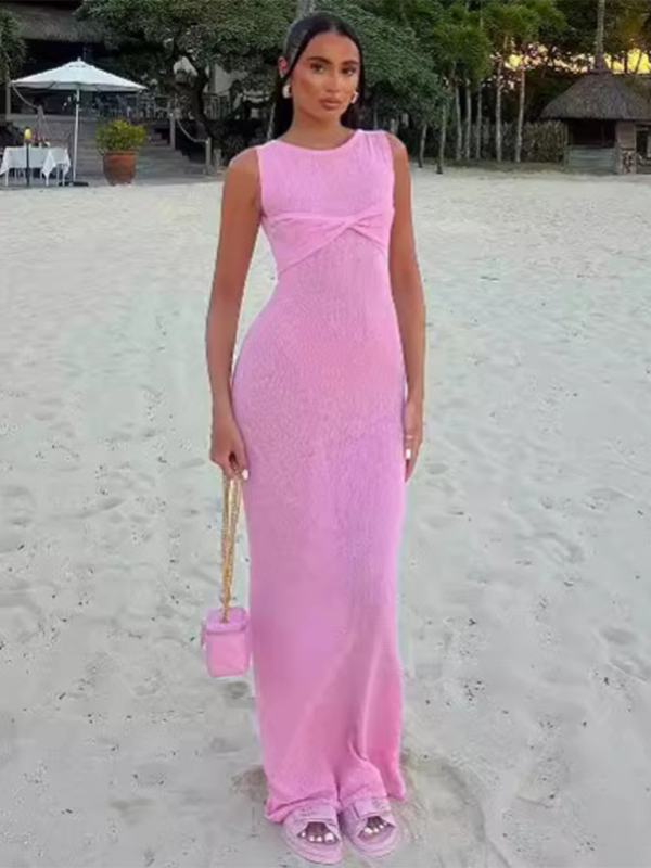 Valenzora | Sleeveless fitted round neck knitted solid colour beach dress