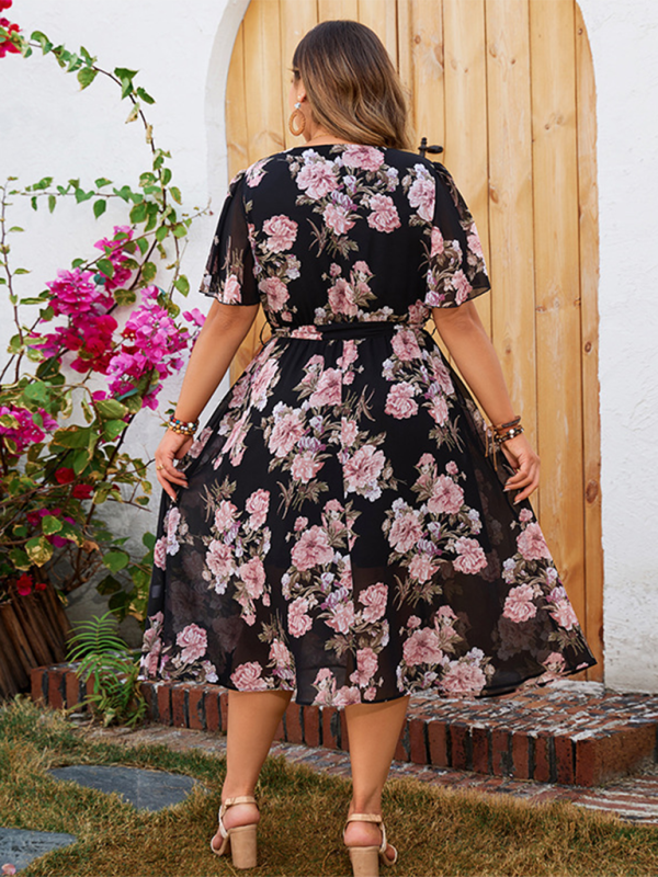 Valenzora | Plus-size women's V-neck dress with swing sleeves, fitted floral dress