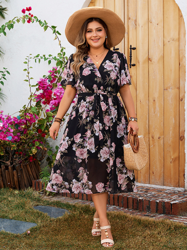 Valenzora | Plus-size women's V-neck dress with swing sleeves, fitted floral dress