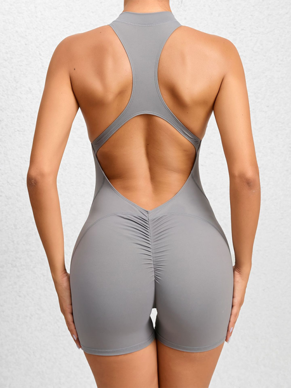 Valenzora | Tight-fitting zip-up sports yoga pants, peach hips, one-piece, quick-drying pleated fitness jumpsuit