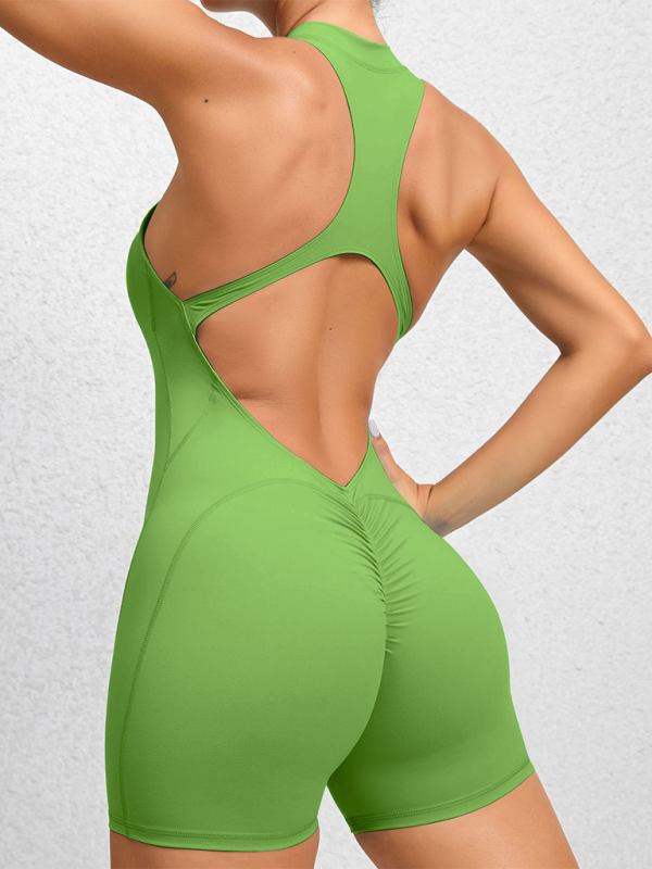 Valenzora | Tight-fitting zip-up sports yoga pants, peach hips, one-piece, quick-drying pleated fitness jumpsuit