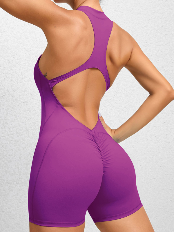 Valenzora | Tight-fitting zip-up sports yoga pants, peach hips, one-piece, quick-drying pleated fitness jumpsuit