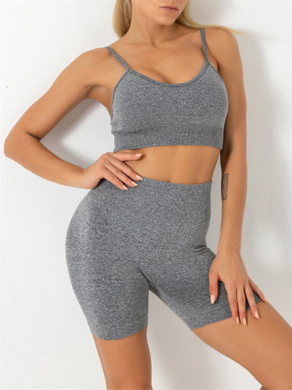 Valenzora | Women's Seamless Solid Color Cami Yoga Sports Bra + Shorts Two-Piece Set