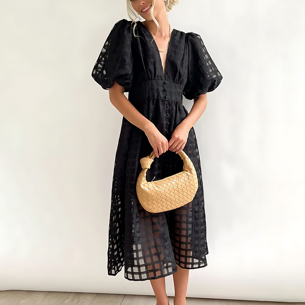 Midikleid – Vintage – Puffärmel – kariertes Muster