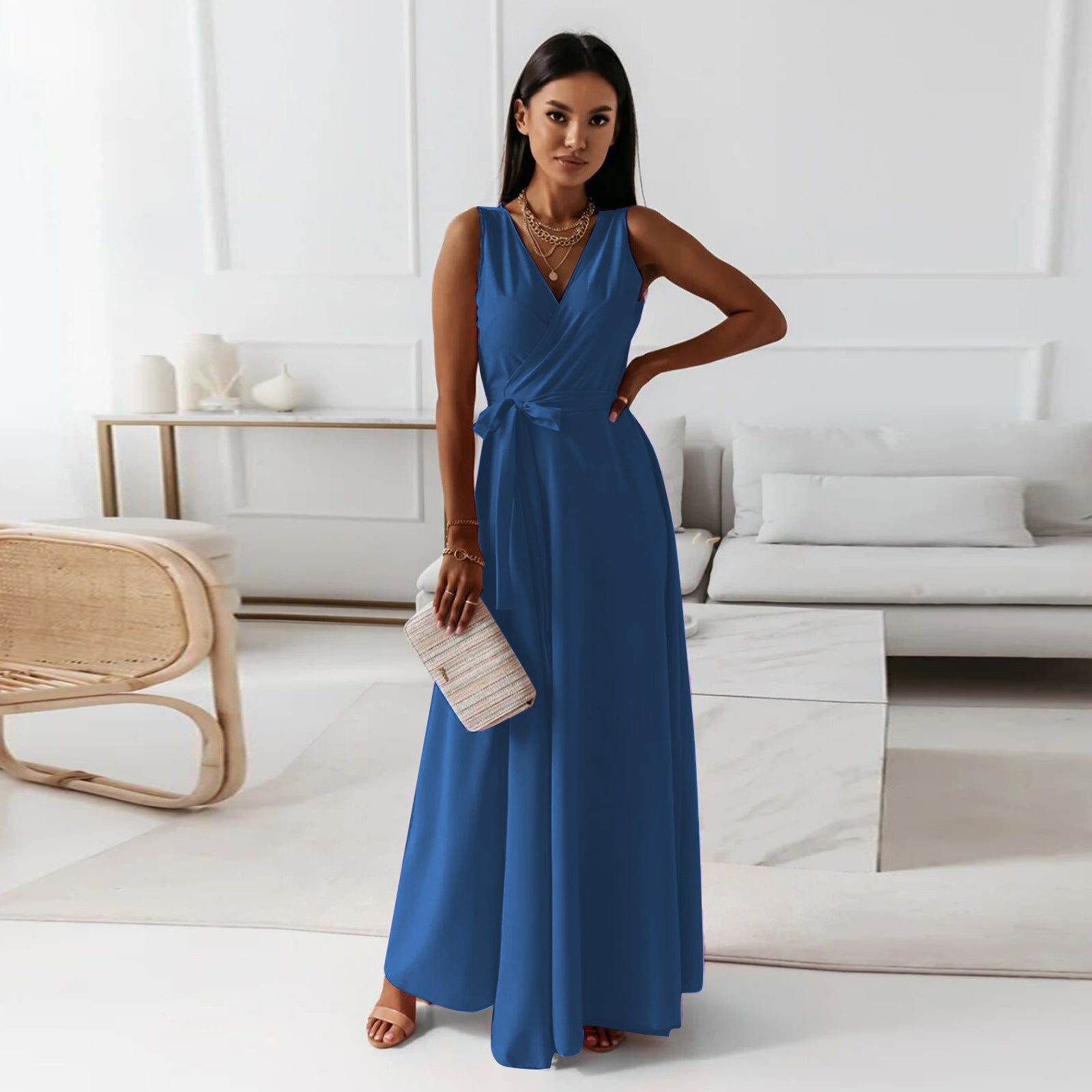 Valenzora - Women's solid color V-neck long dress