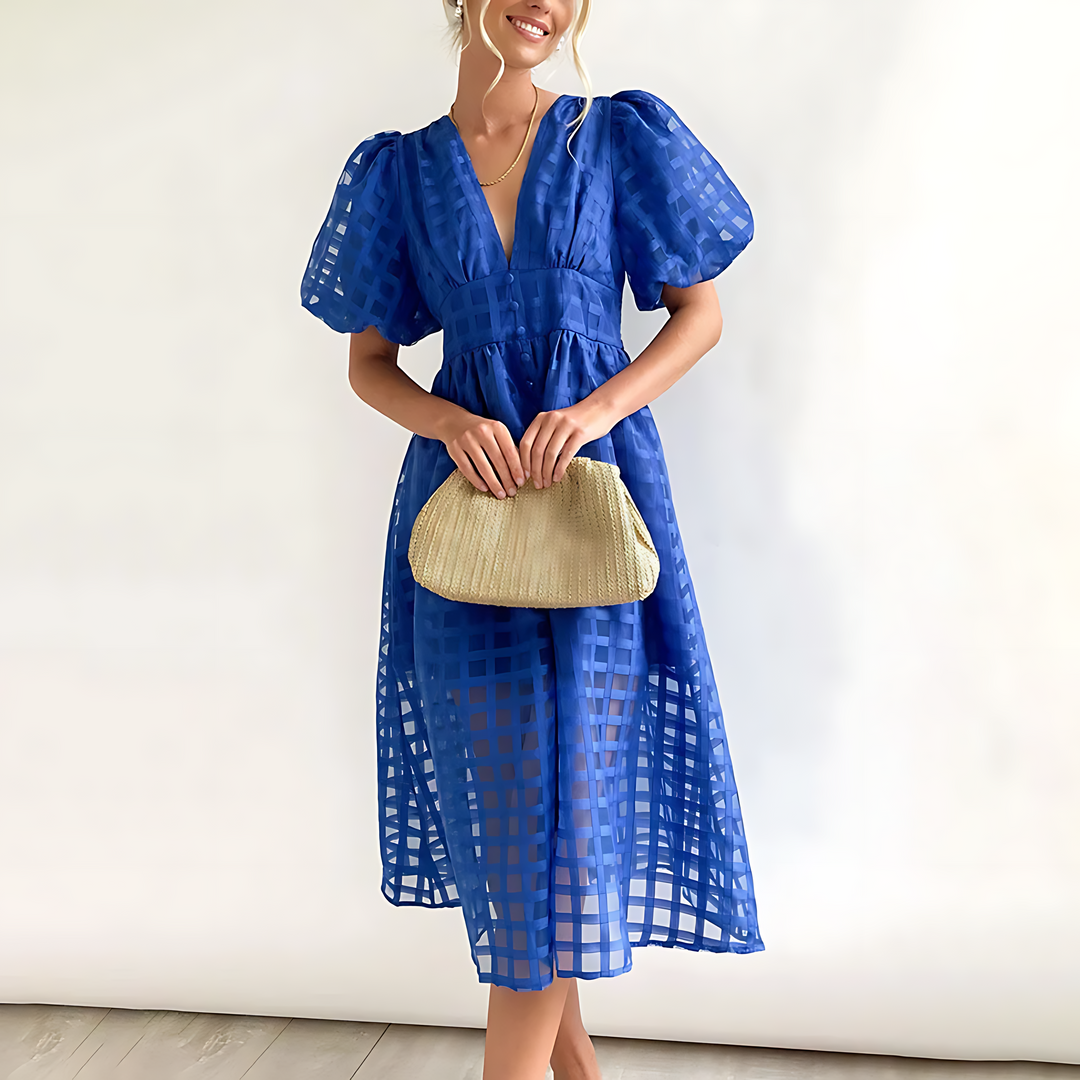 Midikleid – Vintage – Puffärmel – kariertes Muster