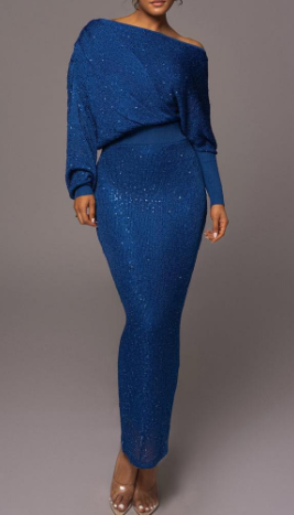 Valenzora Evening Dress | Elegant, festive, off-the-shoulder dress with gold sequins