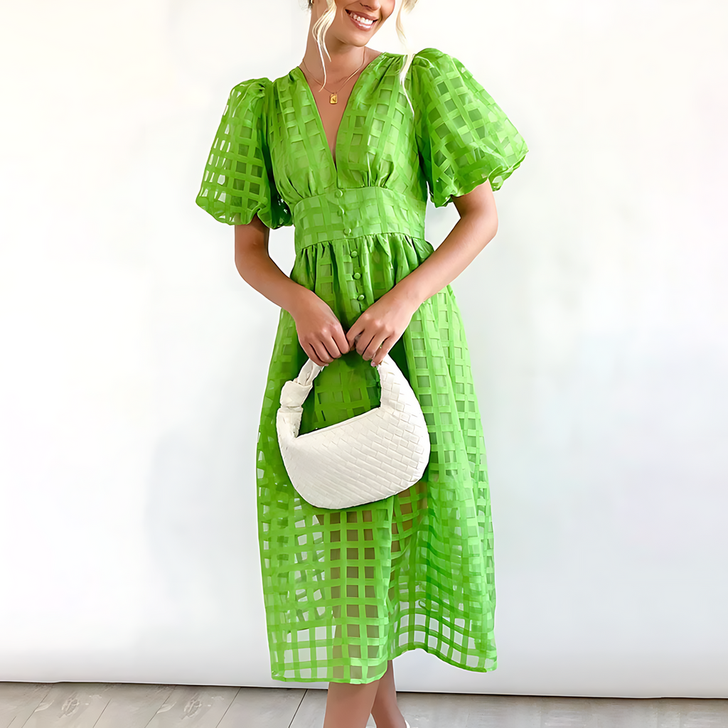Midikleid – Vintage – Puffärmel – kariertes Muster