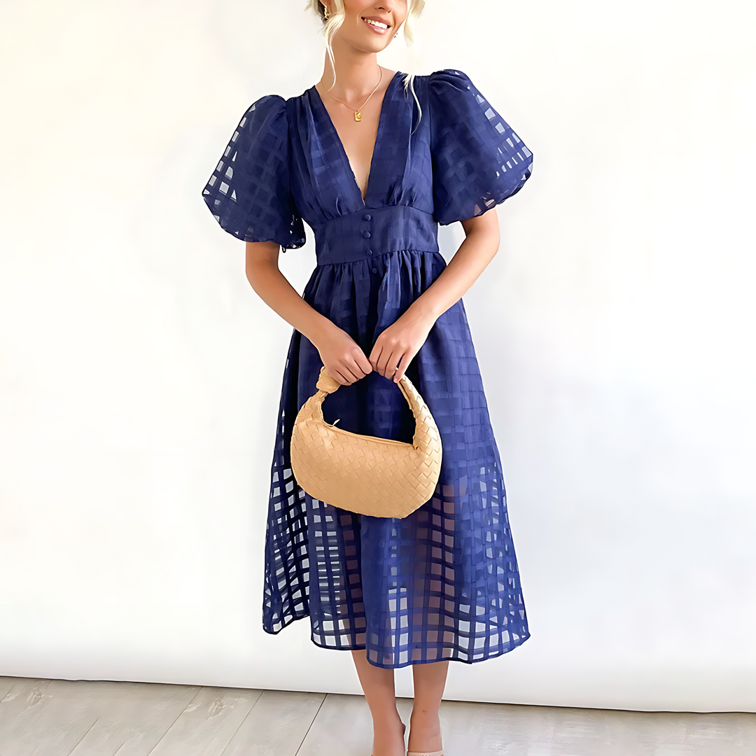 Midikleid – Vintage – Puffärmel – kariertes Muster