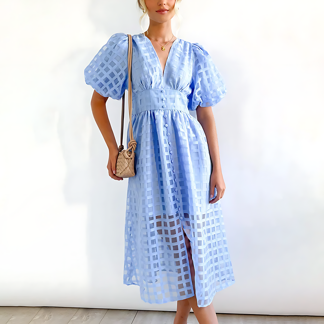 Midikleid – Vintage – Puffärmel – kariertes Muster