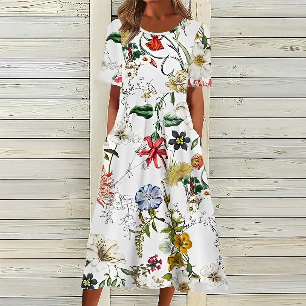 FleurBlanche™ – Weißes Sommerkleid mit buntem Blumenmuster