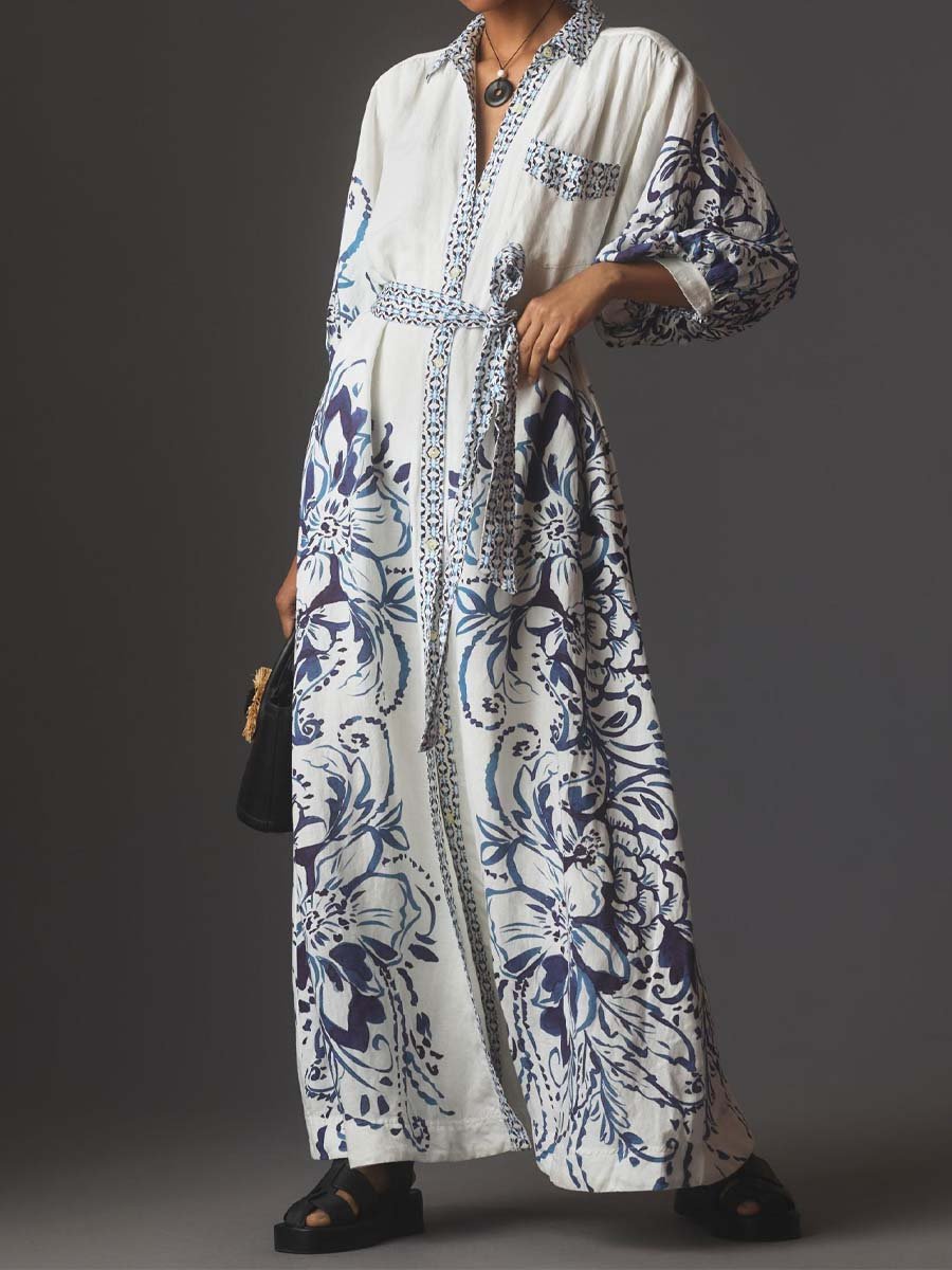 Long-sleeved linen shirt dress with button placket