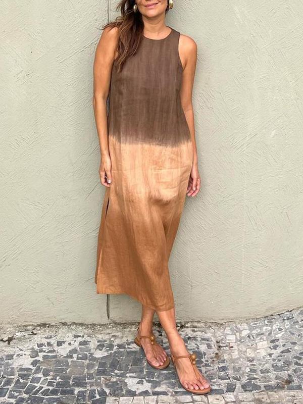 Airy linen dress made of cotton with a color gradient and a slit at the leg