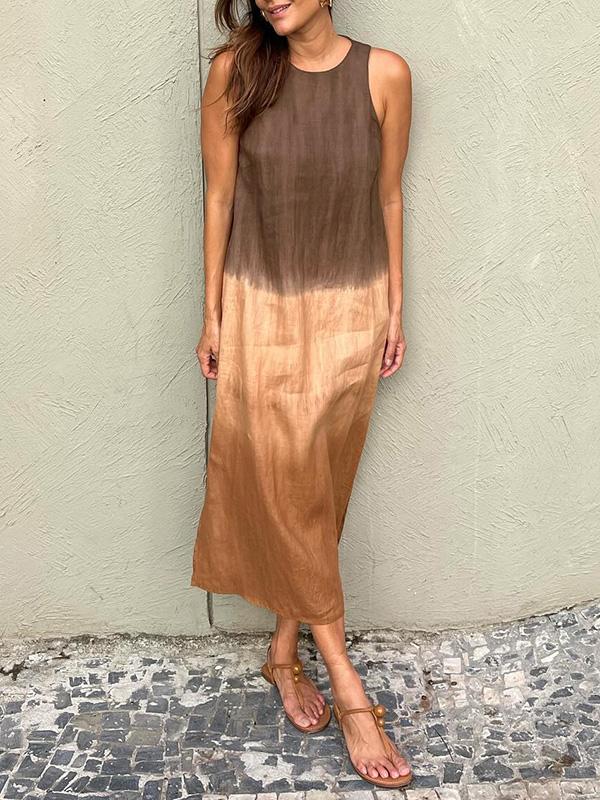 Airy linen dress made of cotton with a color gradient and a slit at the leg