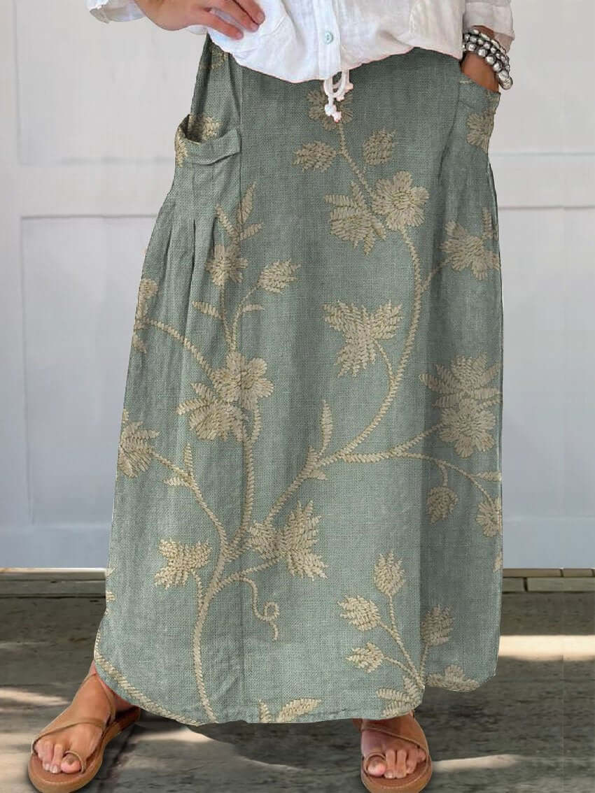 Valenzora | Retro Eleganter Blumenrock aus Leinen mit Gummizug in der Taille und Taschen