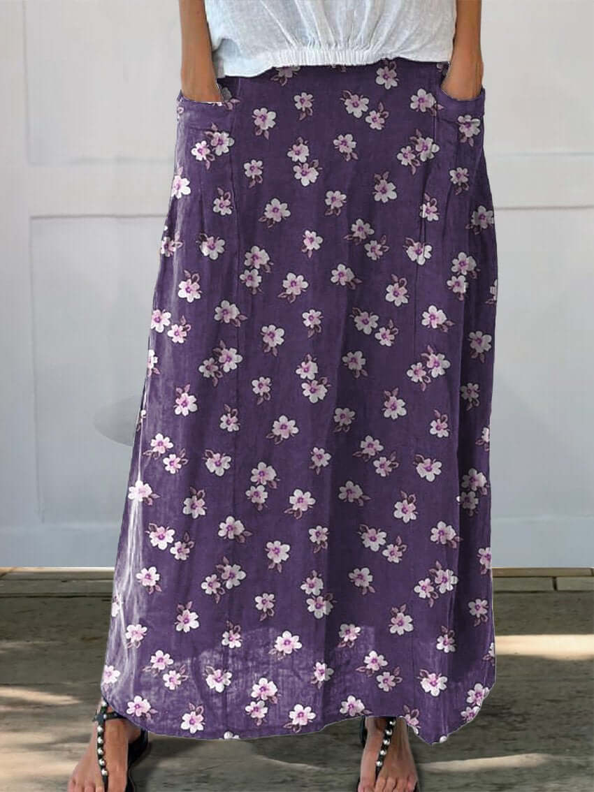 Valenzora | Plumeria Floral Design Printed Women's Linen Skirt with Pockets