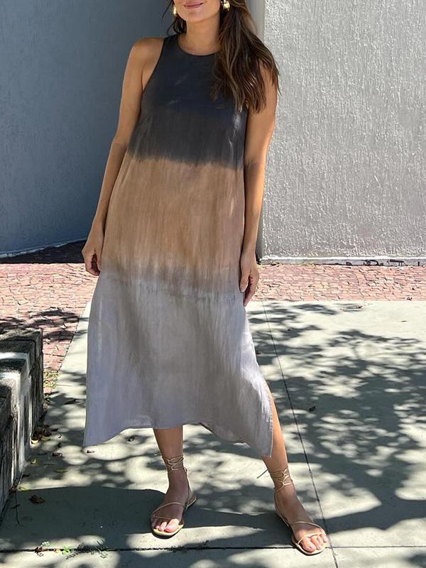 Airy linen dress made of cotton with a color gradient and a slit at the leg