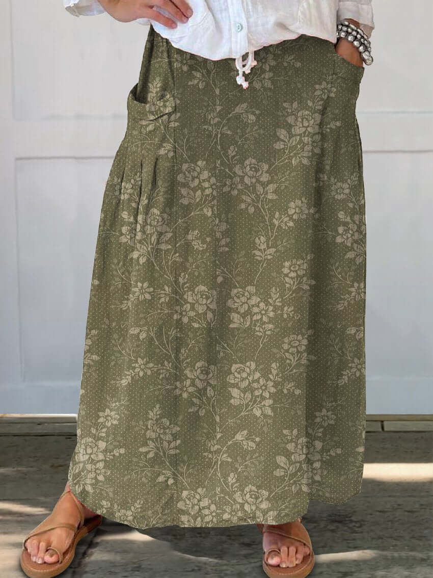 Valenzora | Vintage Floral Linen Elastic Waist Skirt with Pockets