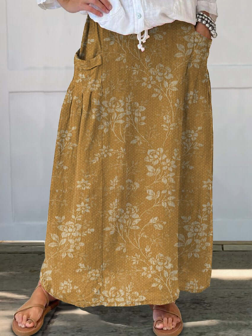 Valenzora | Vintage Floral Linen Elastic Waist Skirt with Pockets