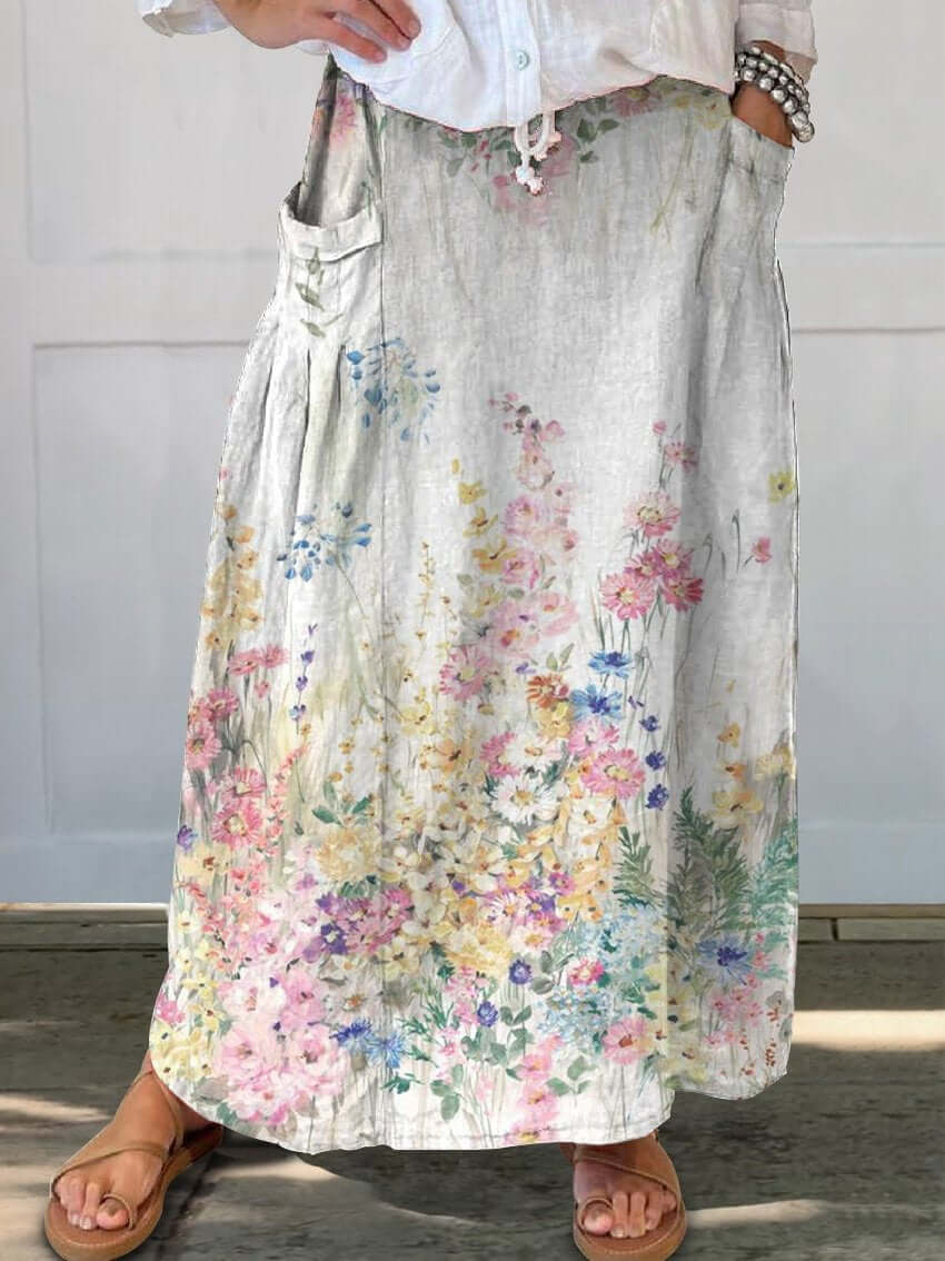 Valenzora | Retro Eleganter Blumenrock aus Leinen mit Gummizug in der Taille und Taschen