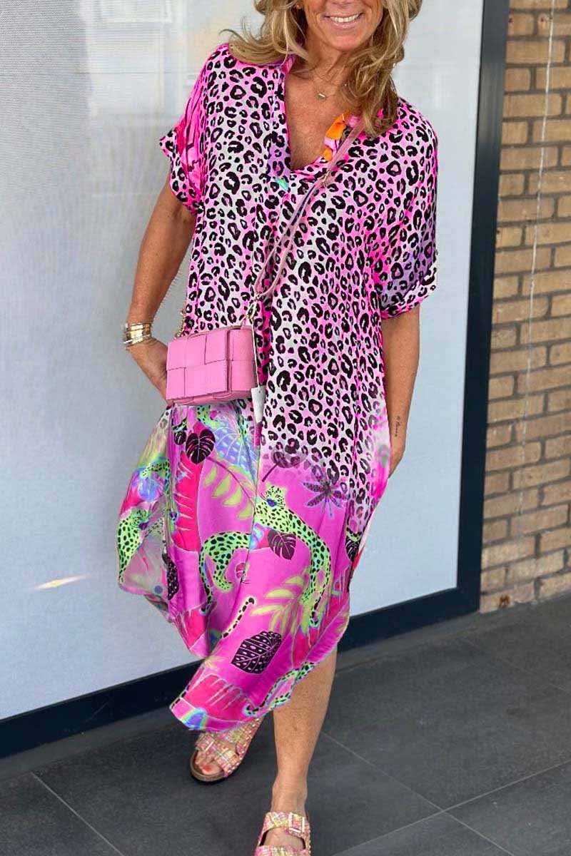 Short-sleeved casual dress with leopard print