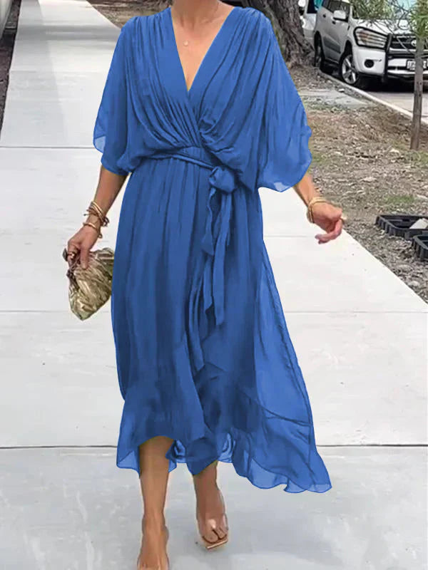 Valenzora | Green chiffon dress with V-neck