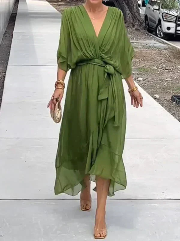 Valenzora | Green chiffon dress with V-neck