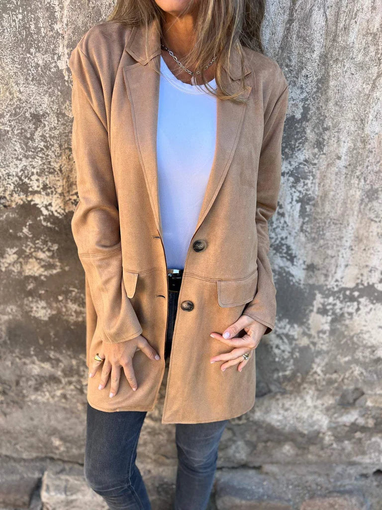 Valenzora | Suede blazer for women - tailored camel-colored jacket with buttons and pockets