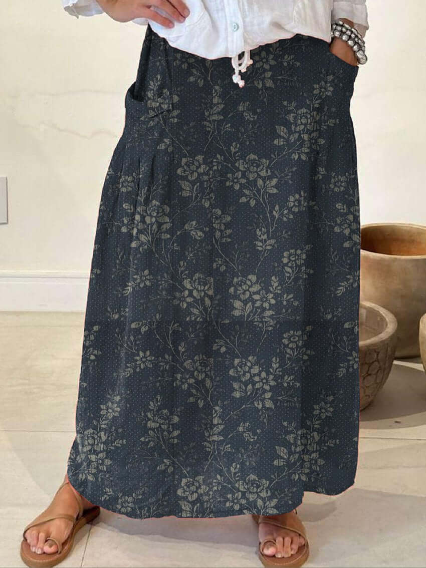 Valenzora | Vintage Floral Linen Elastic Waist Skirt with Pockets