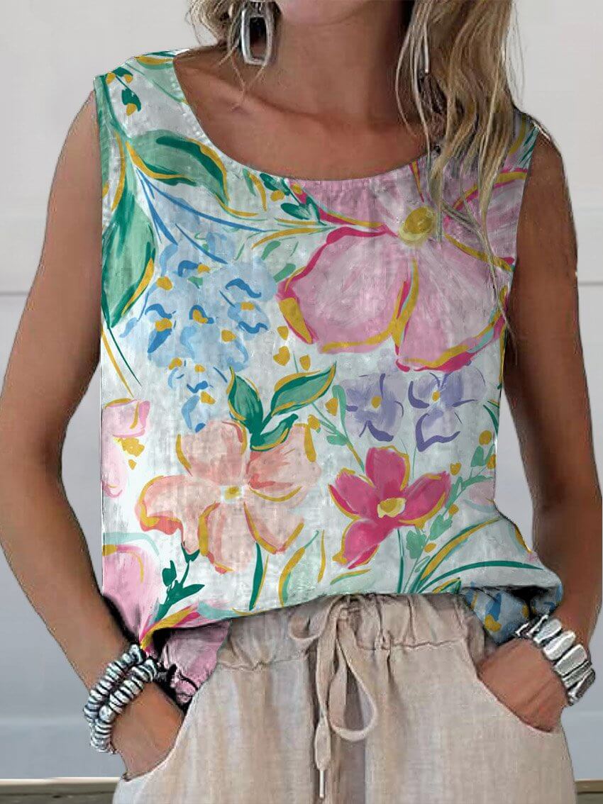Valenzora | Beautiful Floral Art Print Cotton and Linen Tank Top