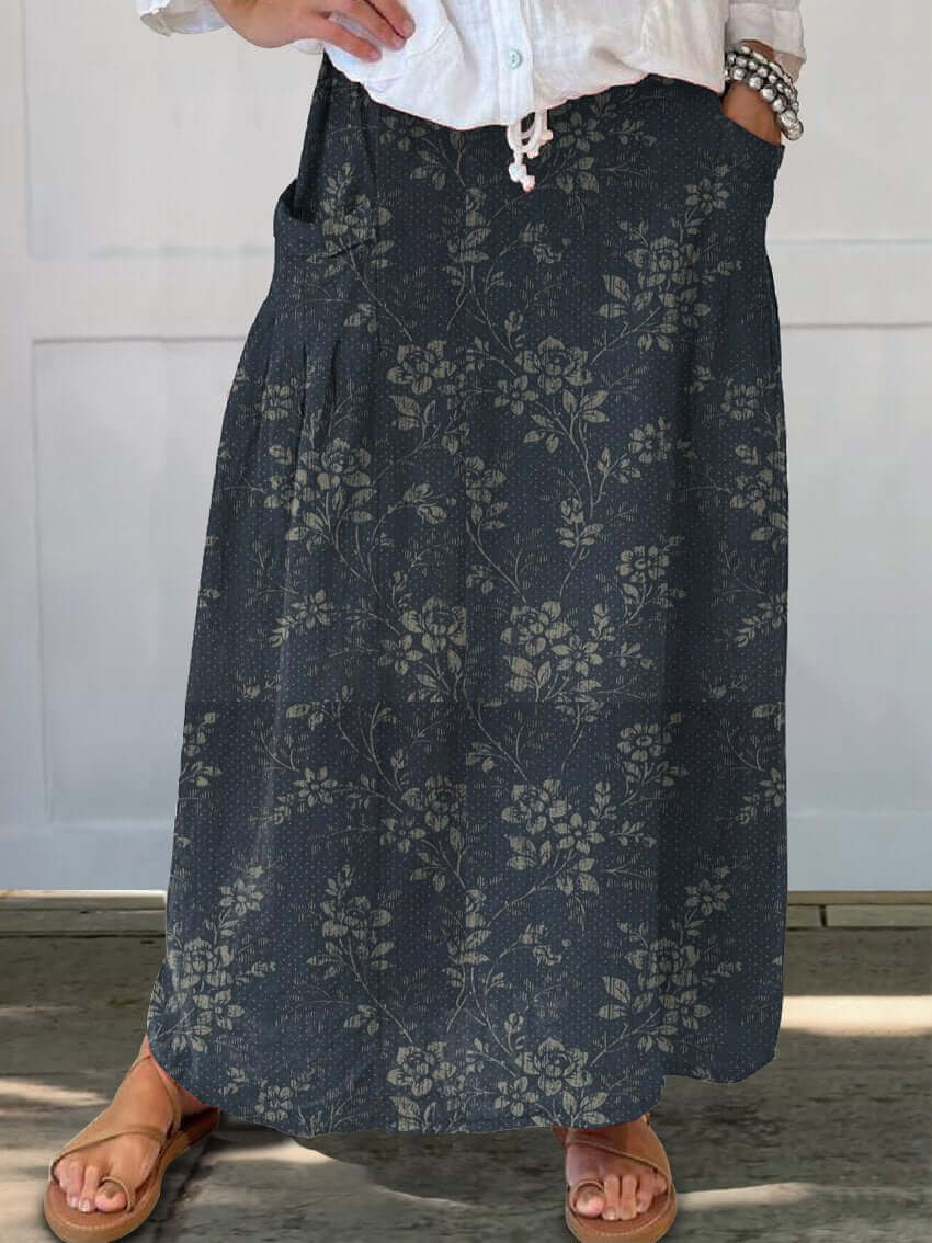 Valenzora | Vintage Floral Linen Elastic Waist Skirt with Pockets