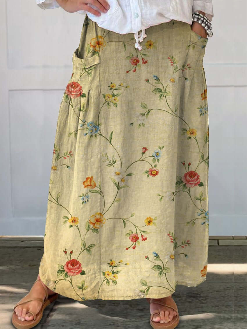 Valenzora | Retro Eleganter Blumenrock aus Leinen mit Gummizug in der Taille und Taschen