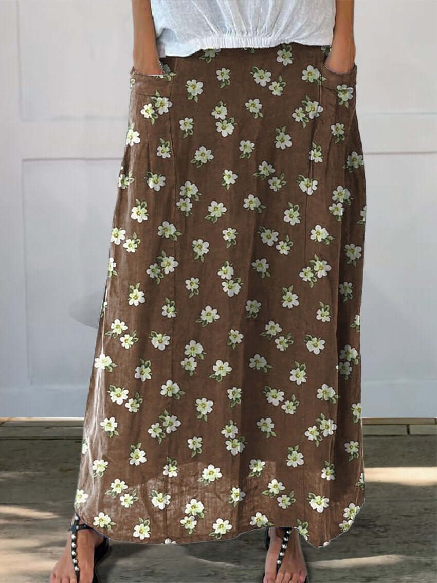 Valenzora | Plumeria Floral Design Printed Women's Linen Skirt with Pockets