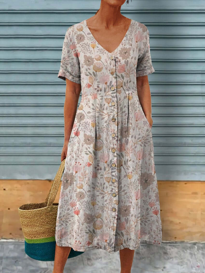 Valenzora | Boho Garden Floral Linen Bags Tunic Dress