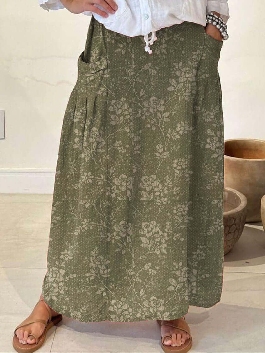 Valenzora | Vintage Floral Linen Elastic Waist Skirt with Pockets