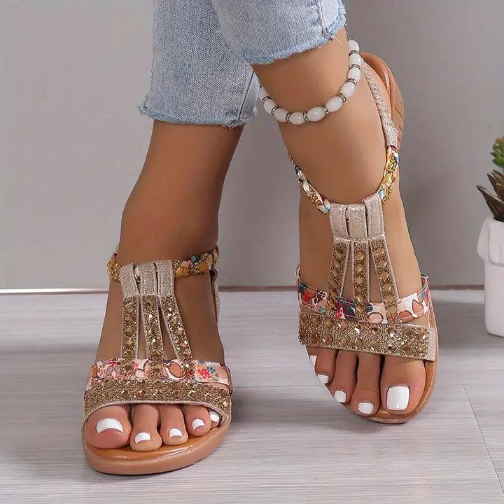 Valenzora | Boho Wedge Sandals with Braided Strap and Rhinestones for Women