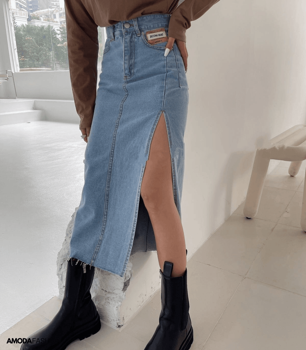 Valenzora | Langer Bleistift-Jeansrock mit Seitenschlitz