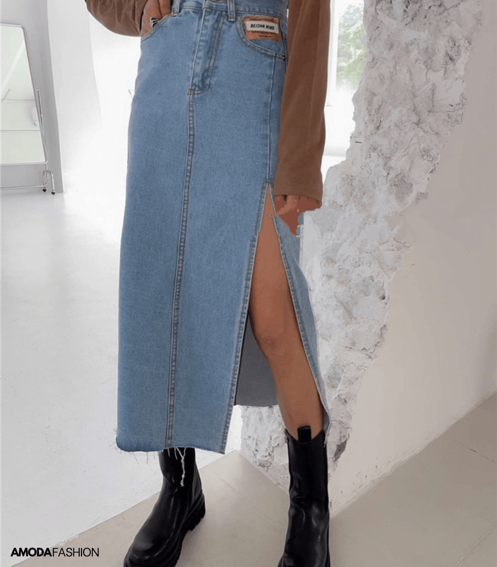 Valenzora | Langer Bleistift-Jeansrock mit Seitenschlitz