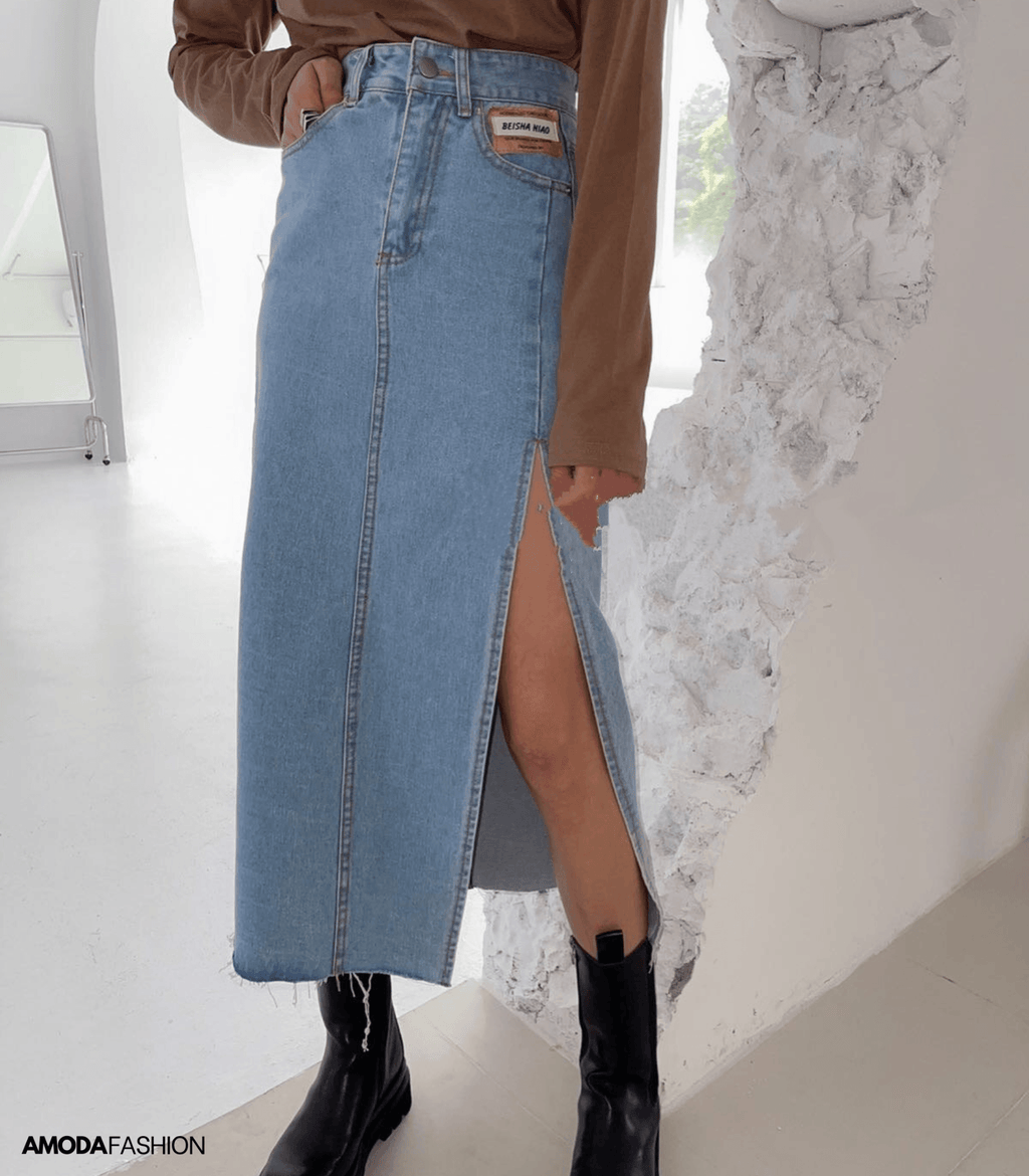 Valenzora | Langer Bleistift-Jeansrock mit Seitenschlitz