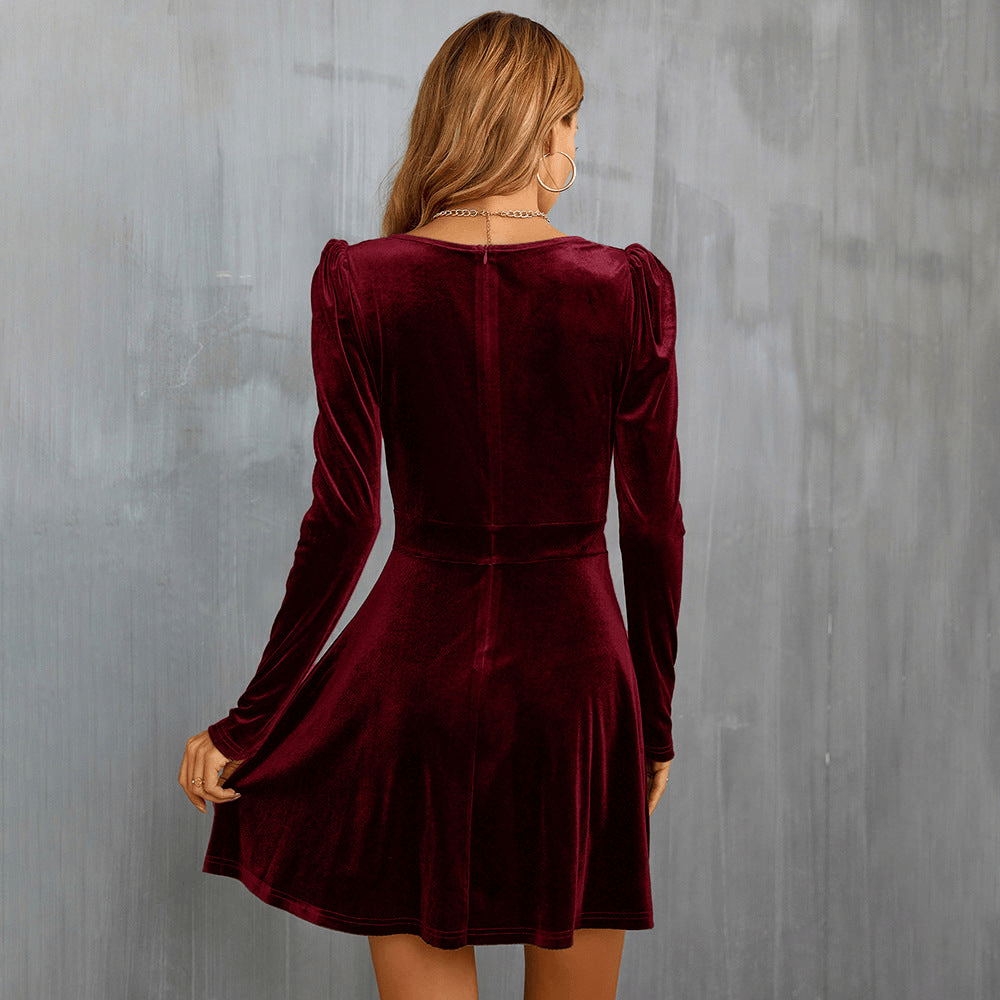 Valenzora | Red Velvet Bell Dress with V-Neck Women's Evening Dress
