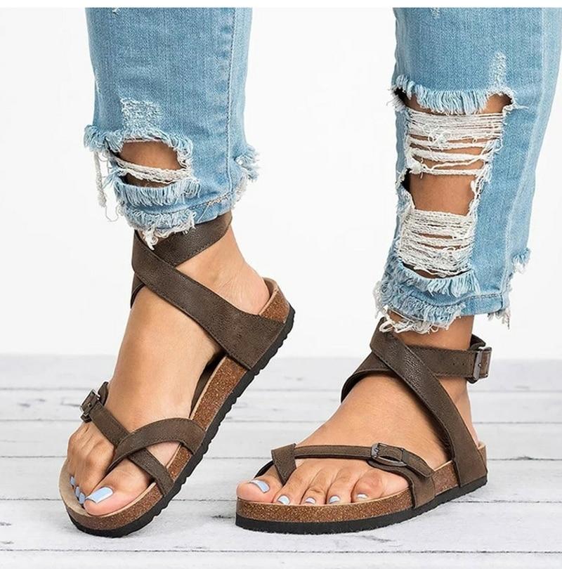 Valenzora | Leather flat sole sandals flip flop belt buckle Roman style