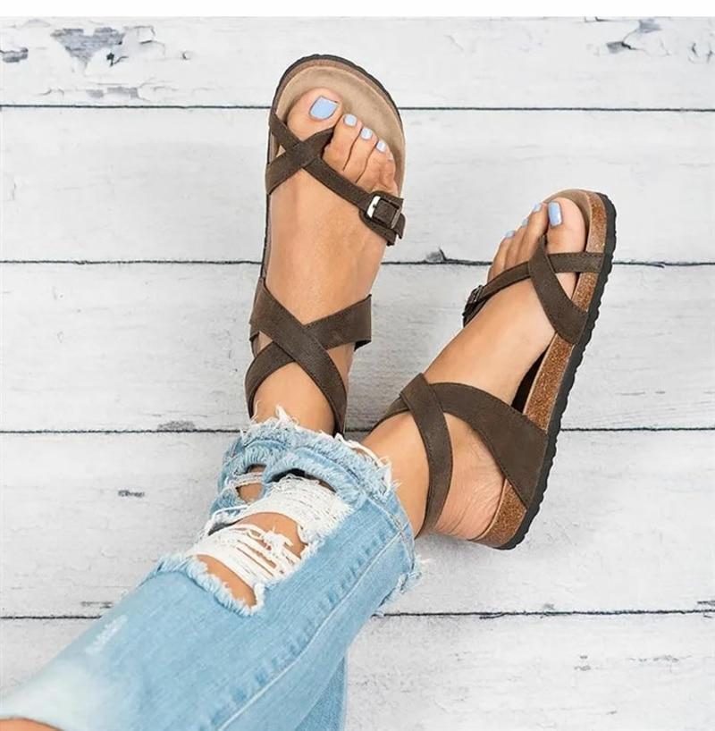 Valenzora | Leather flat sole sandals flip flop belt buckle Roman style