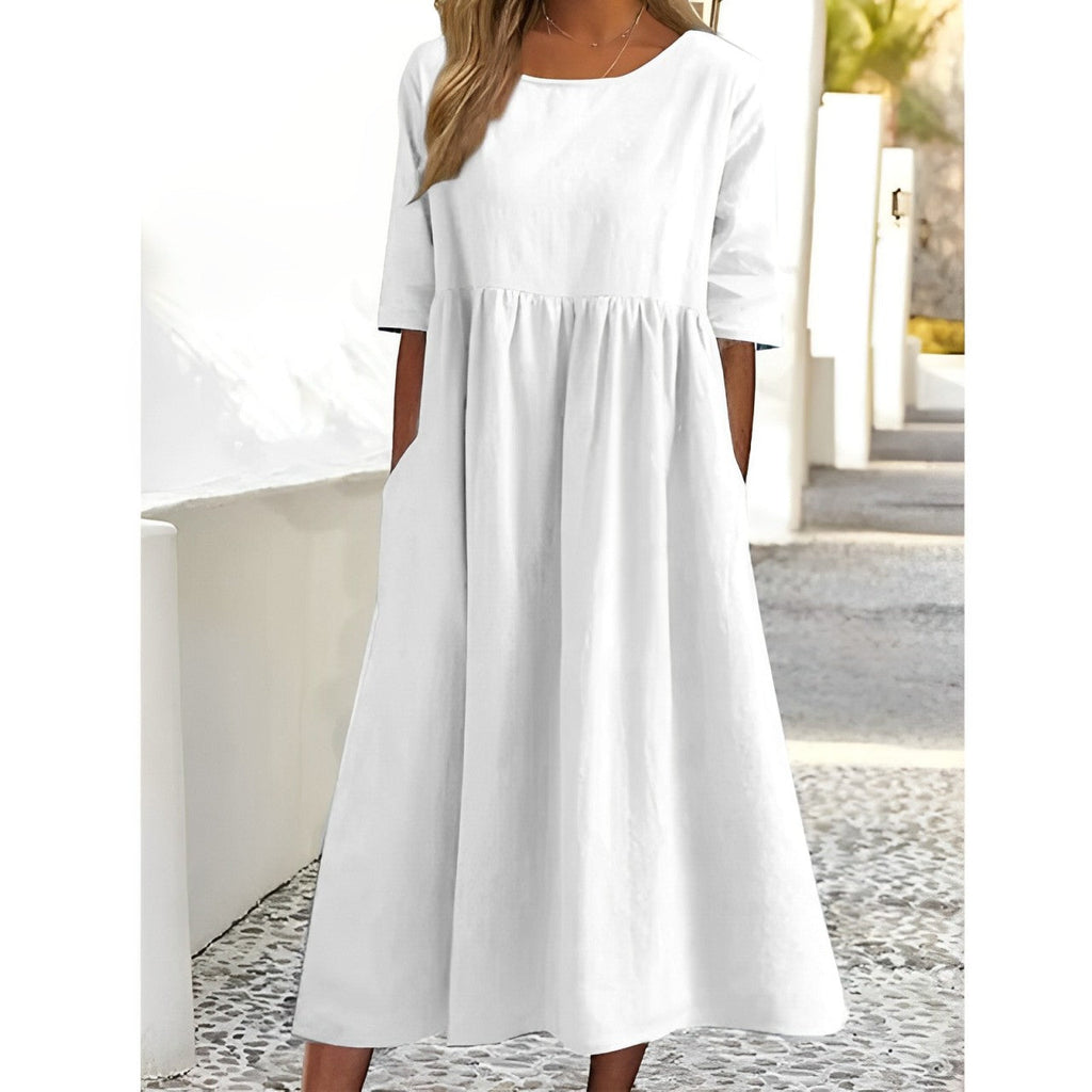 Valenzora | Atmungsaktives Vintage-Midi-Kleid aus Baumwoll-Leinen mit Falten-Design