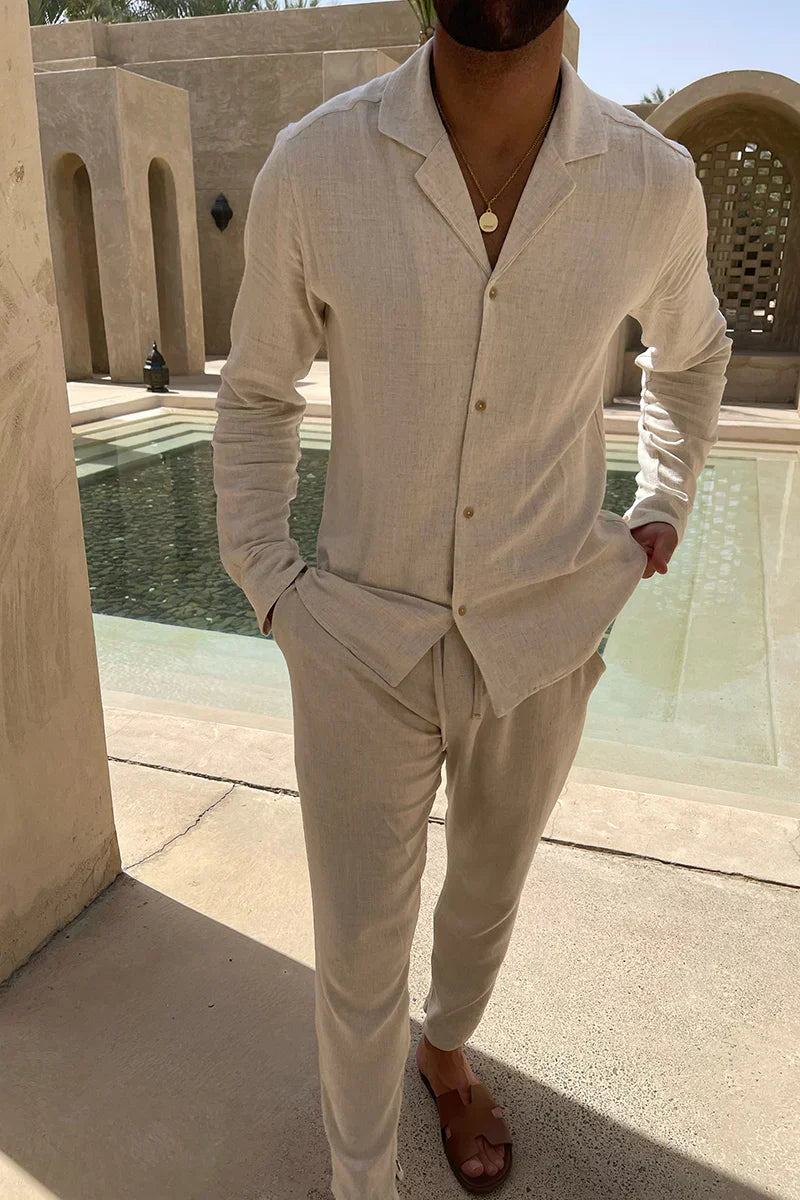 Valenzora | Linen Shirt and Trousers Set Relaxed Fit Long Sleeve Shirt with Button Placket Breathable Lightweight Trousers
