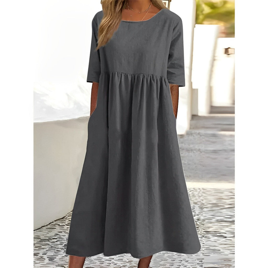 Valenzora | Atmungsaktives Vintage-Midi-Kleid aus Baumwoll-Leinen mit Falten-Design