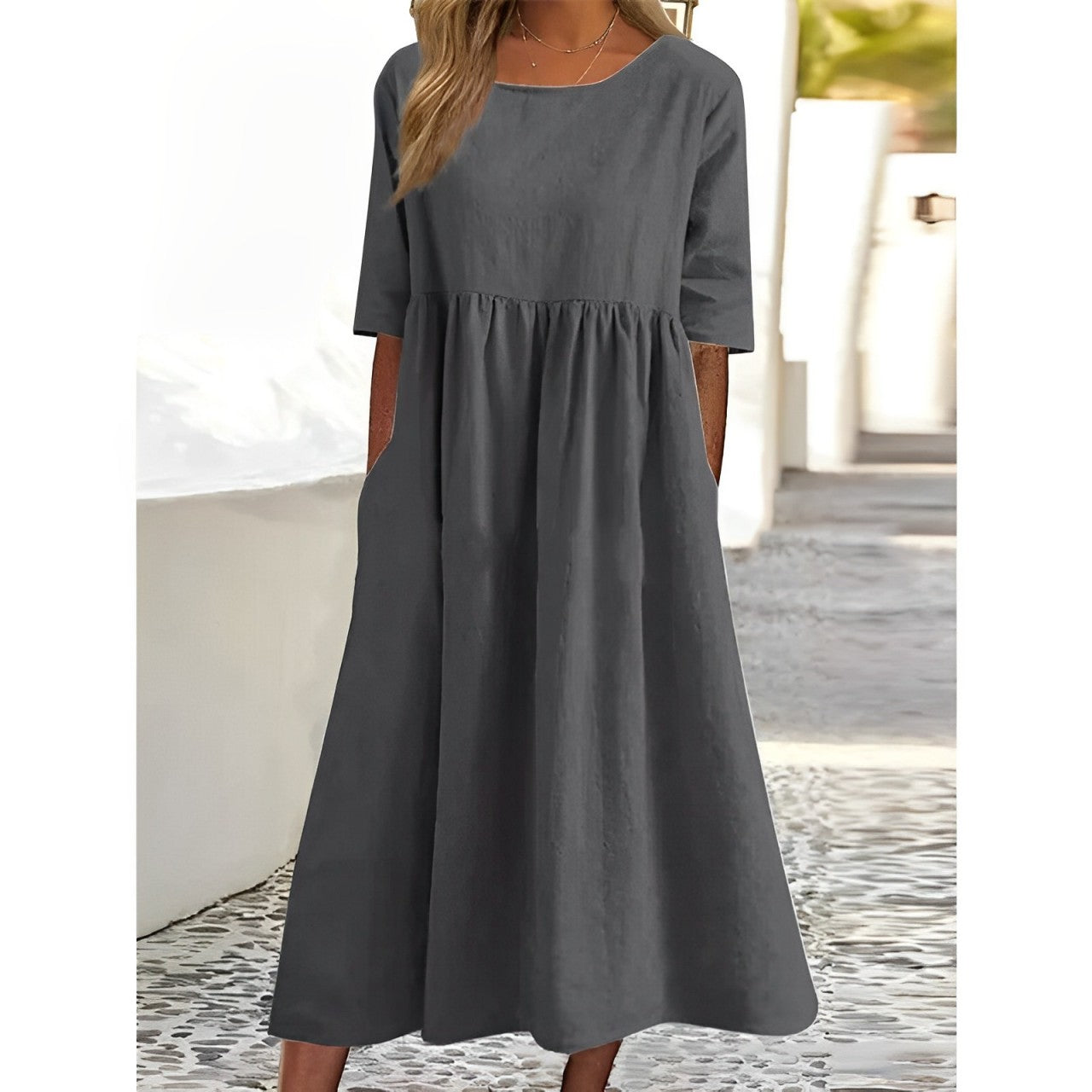 Valenzora | Atmungsaktives Vintage-Midi-Kleid aus Baumwoll-Leinen mit Falten-Design