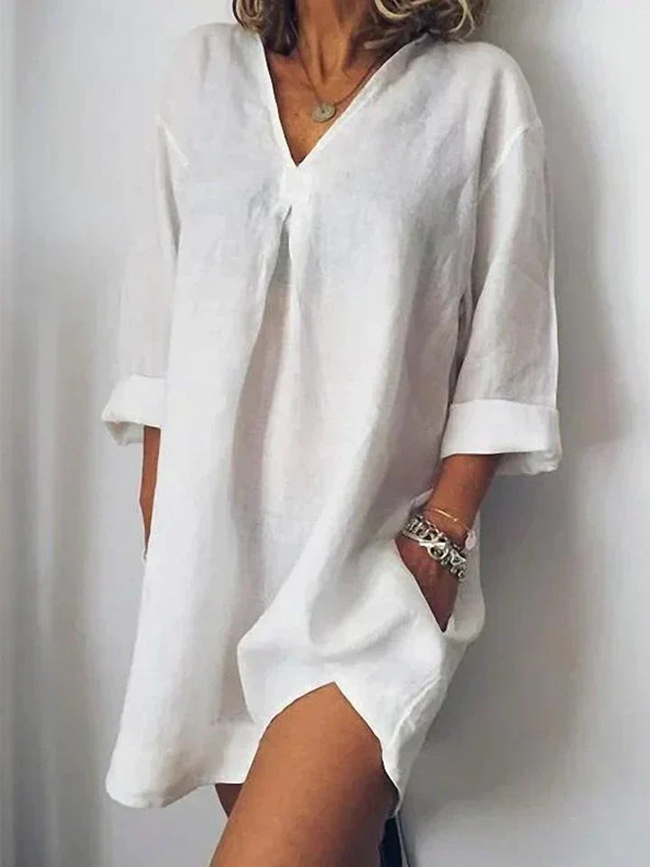 Valenzora | Linen dress V-neck & half sleeves