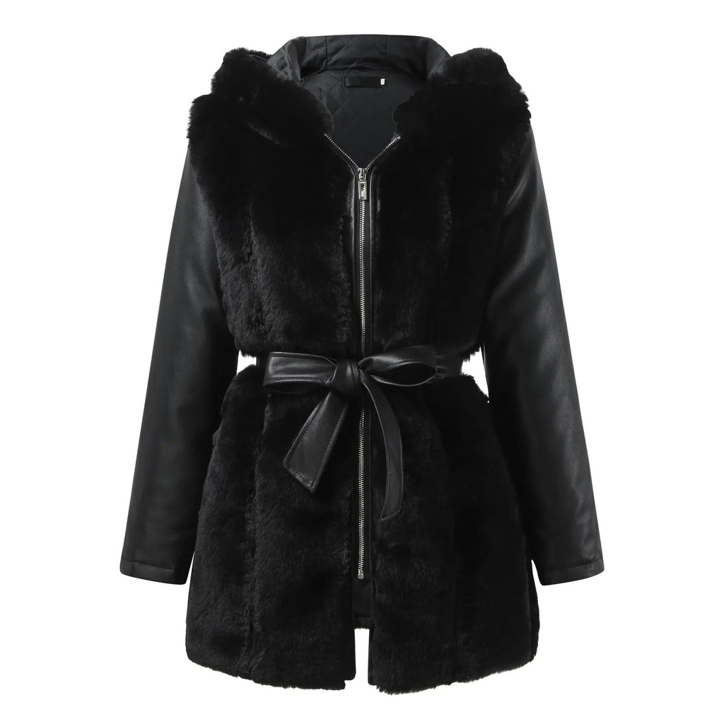Valenzora | Stylish vegan leather jacket with faux fur collar for women